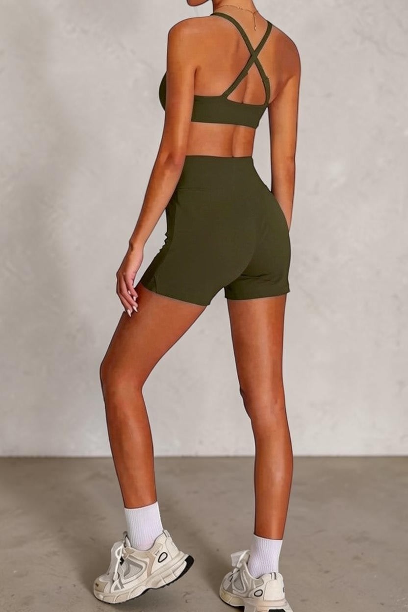 SOLID APPRL olive green athletic high waisted crossover shorts with a flattering fit and moisture-wicking fabric.
