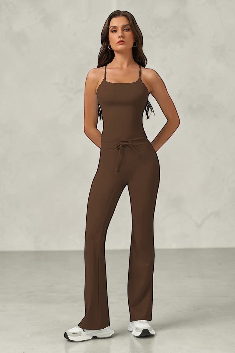 SOLID APPRL women's brown athletic tank top and flared leggings set with criss-cross back detail.