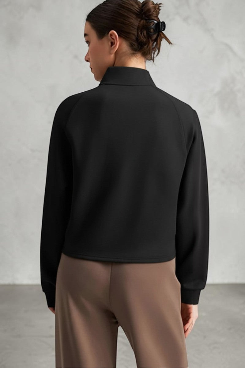 SOLID APPRL brown athletic zip-up track jacket with high neck and raglan sleeves, cropped silhouette.