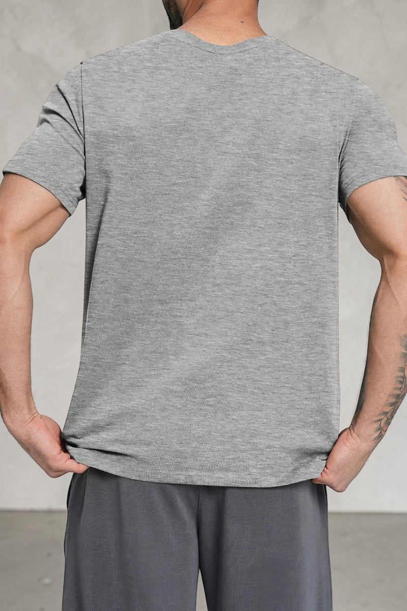 SOLID APPRL grey crew neck short sleeve t-shirt on a muscular man, back view, soft breathable fabric.