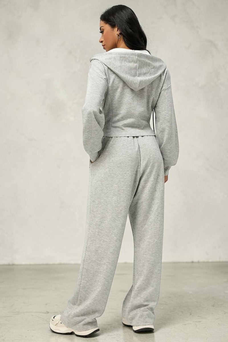 SOLID APPRL grey lounge set with a cropped zip-up hoodie and wide-leg drawstring pants on a woman, back view.