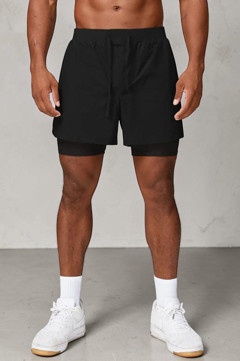 SOLID APPRL black 2-in-1 athletic training shorts with compression liner, drawstring waist, and moisture-wicking fabric