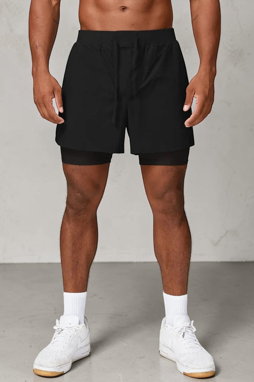 SOLID APPRL black 2-in-1 athletic training shorts with compression liner, drawstring waist, and moisture-wicking fabric