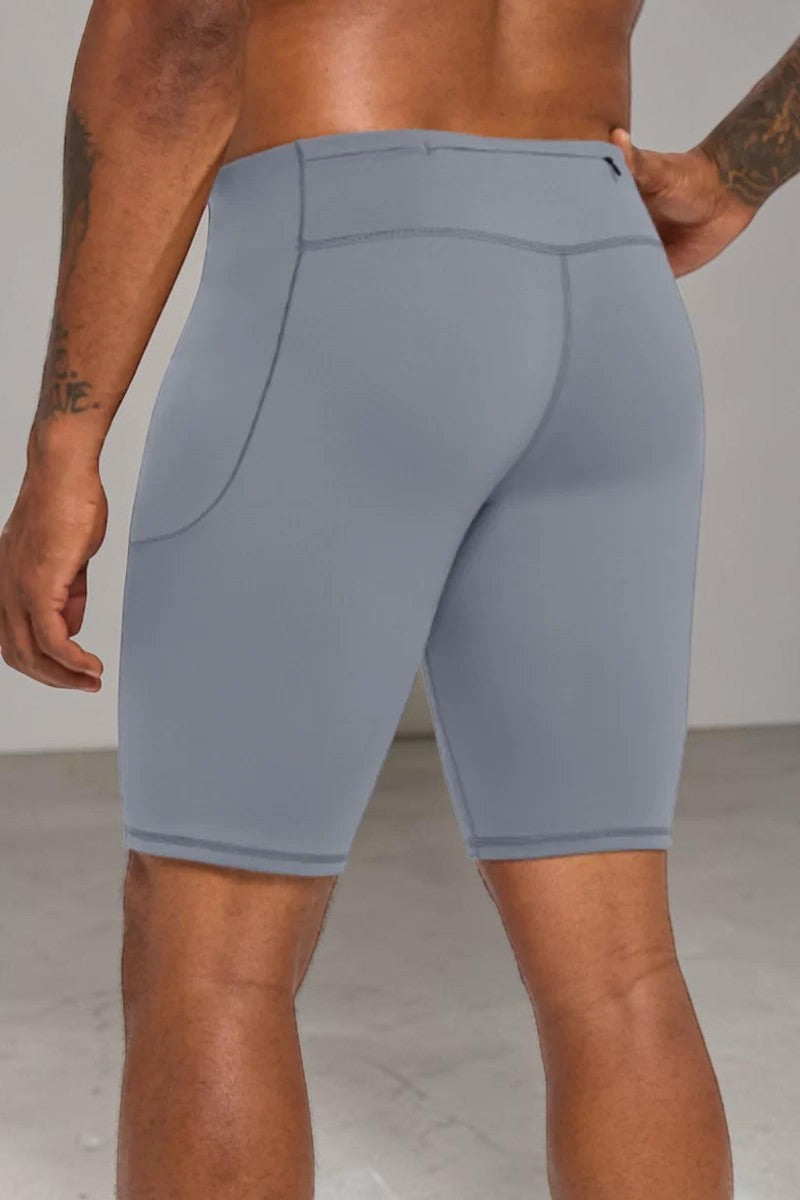 SOLID APPRL men's grey moisture-wicking compression training shorts with side pockets and high-rise waistband