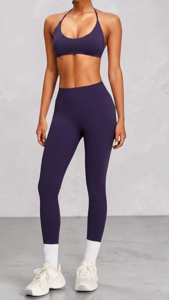 SOLID APPRL deep plum seamless high-waisted workout leggings with ribbed waistband detail.