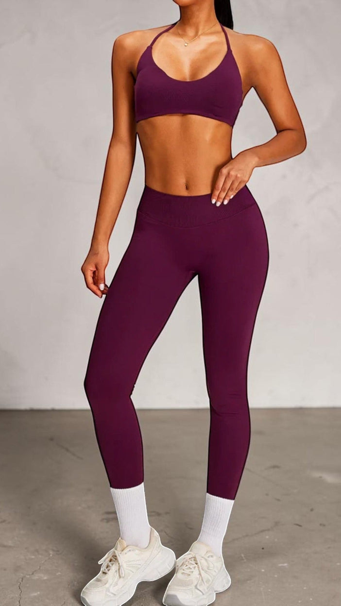 SOLID APPRL plum seamless high-waisted workout leggings with ribbed waistband detail.