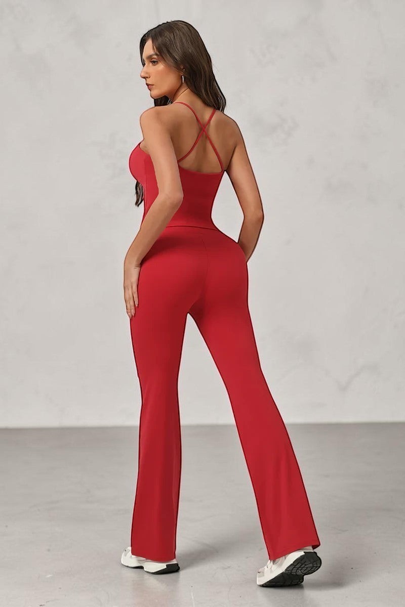 SOLID APPRL red athletic tank top with criss-cross back and flared leggings set
