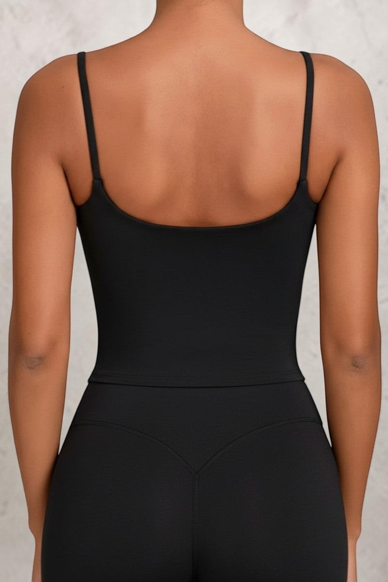 SOLID APPRL women's red spaghetti strap square neck cropped tank top made of stretchy fabric.