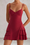 SOLID APPRL red mini dress with sweetheart neckline, adjustable spaghetti straps, and a tiered ruffle skirt.