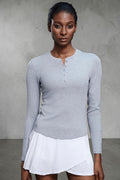 SOLID APPRL light grey ribbed knit long sleeve henley shirt with button placket and subtle seam detailing.