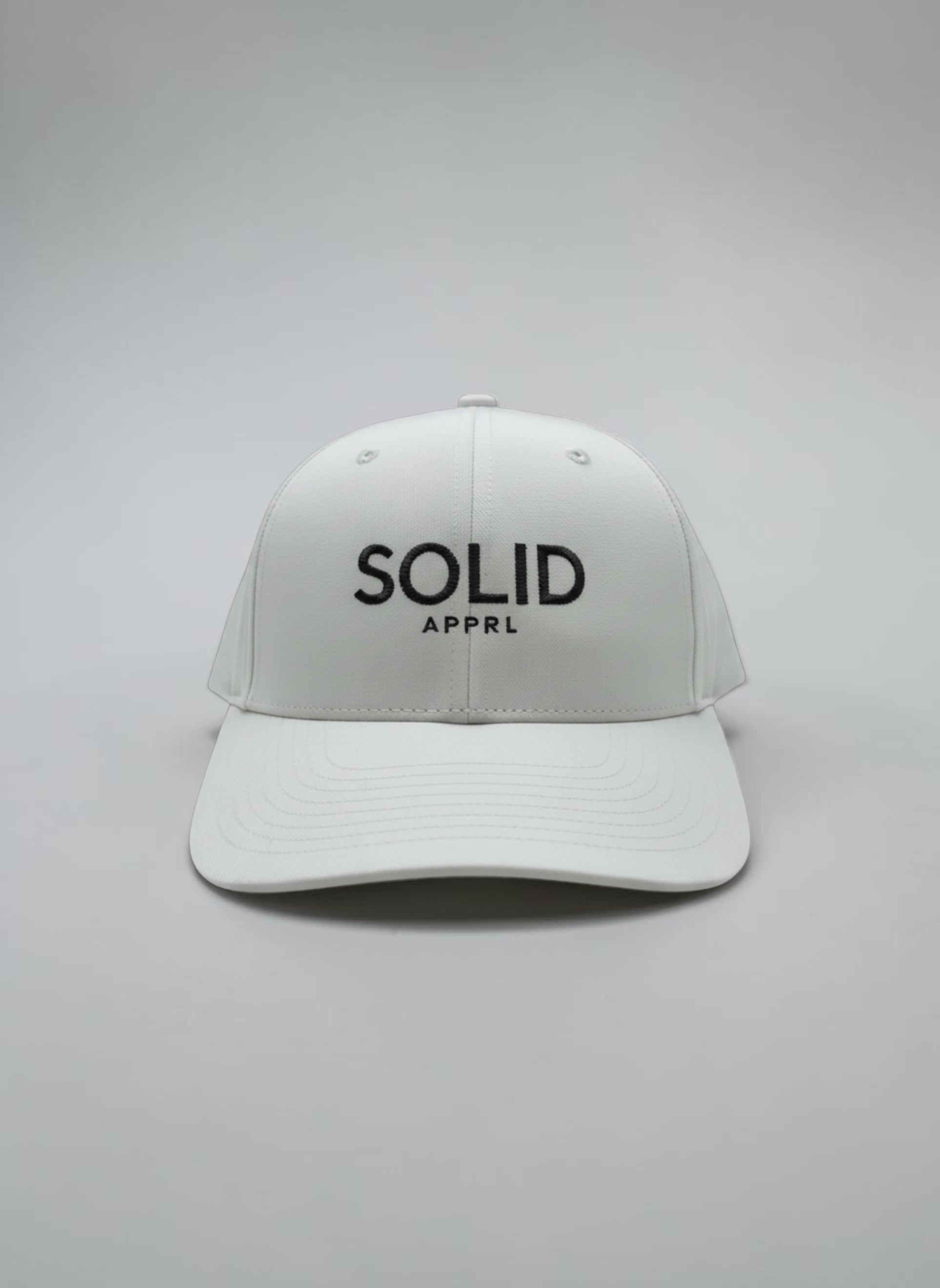 SOLID APPRL white structured twill snapback hat with embroidered logo on the front panel