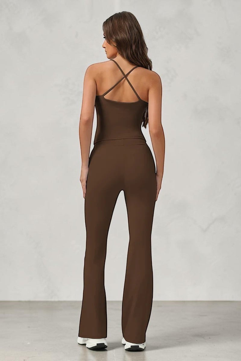 SOLID APPRL women's chocolate brown athletic tank top with criss-cross back and flared pants set.